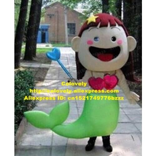 Fancy Aquamarine Mermaid Sea-maid Mascot Costume With Red Long Hair Pink Heart Shape Bra Big Mouth Small Eyes No.4495 FS