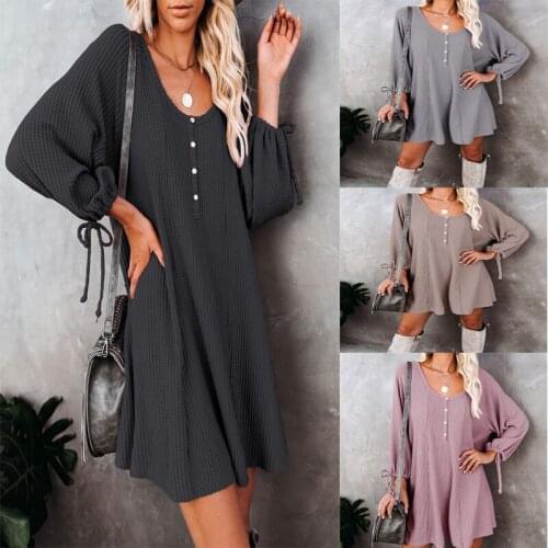 2020 autumn and winter new button drawstring lace knitted dress temperament all-match single-piece knitted dress women