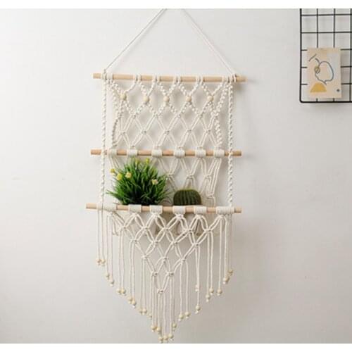 Hand Woven Storage Rack Macrame Tapestry Book Magazine Net Pocket Rack for Boho Decor Ornament Living Room Wooden Bead