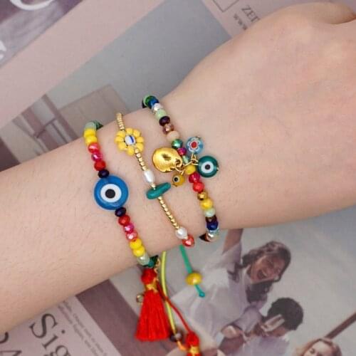 Rinhoo Rainbow Macrame Bracelet Evil Eye Pearl Bracelets For Women Boho Jewelry Crystal Colorful Beads Handmade Gift