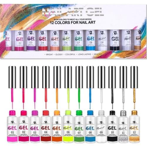 Nail Art Gel Polish Kit 12 Colors Painting Gel Soak Off UV LED Semi Permanent Gel Nail Polish Ink Color Varnish For Nail Design