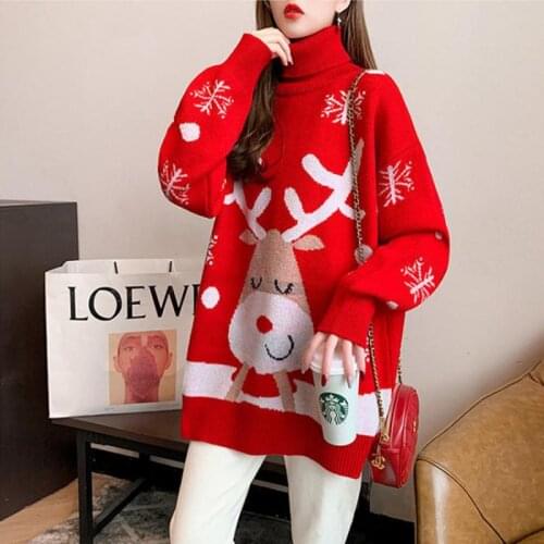 Christmas Cartoon Turtleneck Sweater Female Spring Autumn 2021 New Loose Red Thickened Winter Warm Sweater Women Pulover