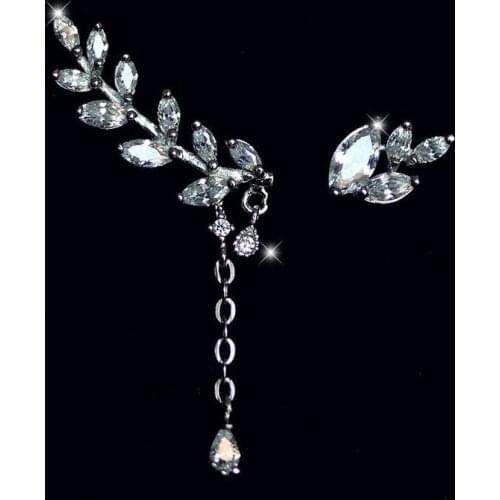 925 Sterling Silver Asymmetry Tassel Zircon Leaf Drop Earrings For Women Gift Hypoallergenic Party Jewelry