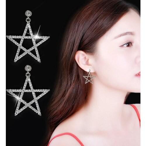 Full Crystal Star Stud Earrings Silver Color Rhinestone Zircon Charm Statement Earring Women Big Ear Fashion Jewelry Pendientes
