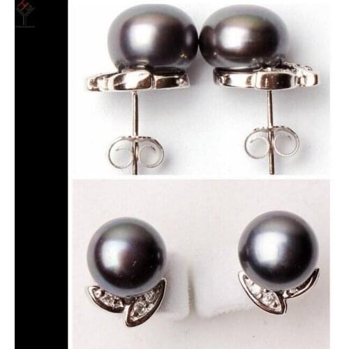 Women Jewelry Earring 6-7mm bright black colors Pearl rhinestone petal flower Stud Earring Natural Freshwater pearl