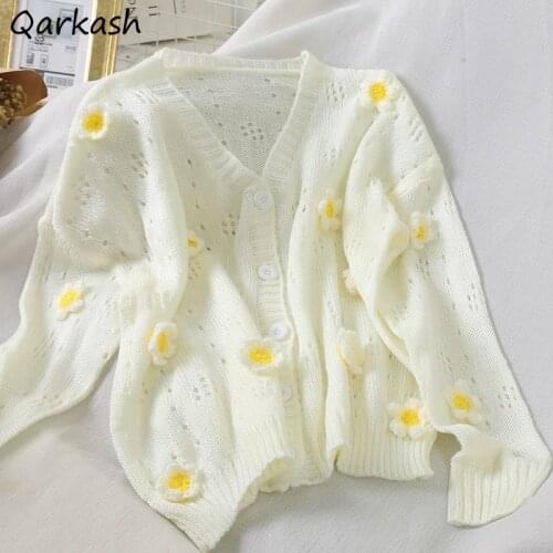Women Sweet Cardigan Floral Cute Fresh Hollow Out Teenagers Knitting Females Outwear Loose Temperament Single Breasted Students