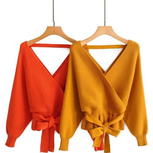Deep V neck Plaid Sweater Jumpers Ladies Pullover Backless Sweaters Winter Warm Sweater Autumn Women Clothing Red Yellow Sweater