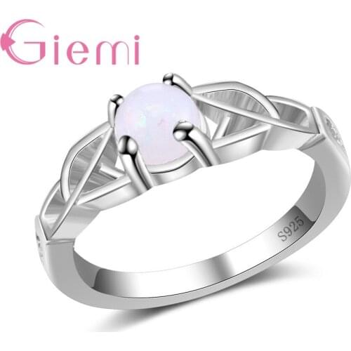Fashion Women Girls Hollow Lace Jewelry Silver Geometric Ring AAA Round Opal For Party Engagement