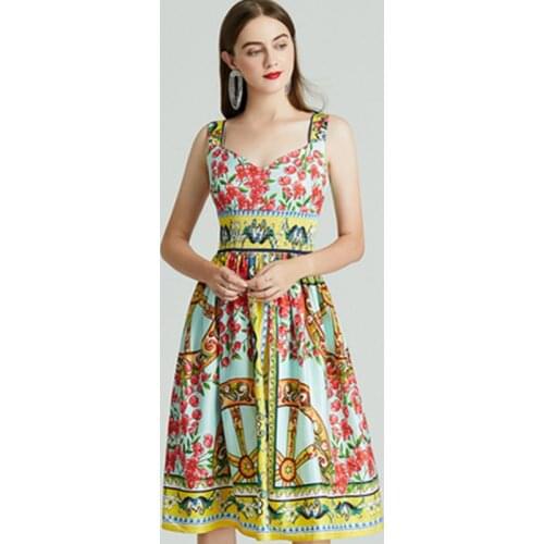 Runway Vacation Tank Dress For Womens 2021 Summer V-Neck Sleeveless Elastic Waist Gorgeous Floral Printed Party Dress Vestidos