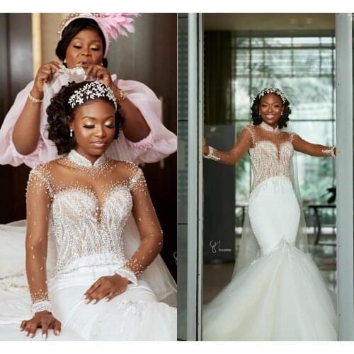 2021 New Fashion Mermaid Wedding Dresses High Neck Long Sleeve Sweep Train Beads Women Bridal Gowns vestidos de novia