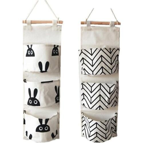 1 PC 20*57cm Nordic Style Linen Cotton Hanging Storage Bag 3-pocket Design Black White Dot Cactus Wall Door Hanging Storage