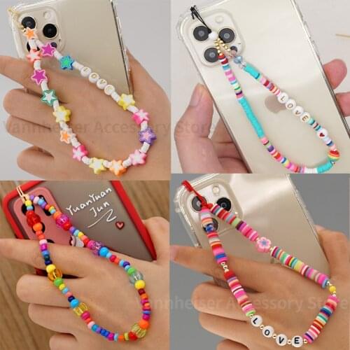 2021 Boho Geometric Colorful Mobile Phone Straps Pendant Beads Wrist Chain For Women Girls Smile Star Pearl Phone Cord Lanyard