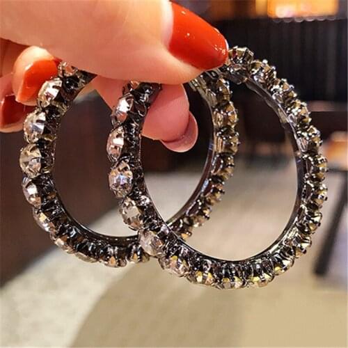 Classic Female Big Round Hoop Earrings Black Gold Color Wedding Jewelry Punk Bridal White Round Crystal Earrings For Women