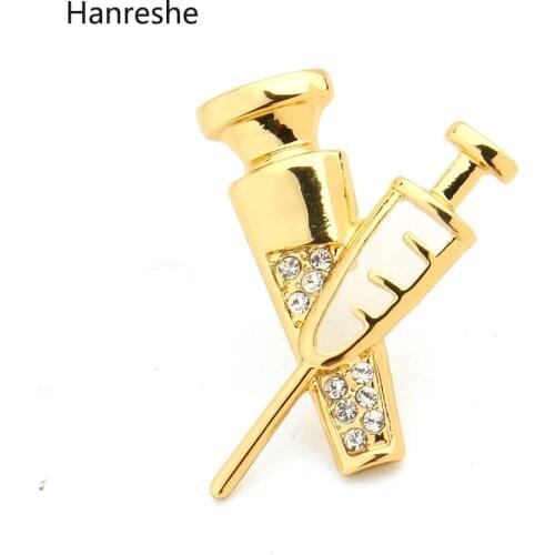 HANRESHE Gold Silver Color Syringe Pin Brooches Medical Jewelry For Doctor/Nurse Student Fashion Crystals Brooches for Women