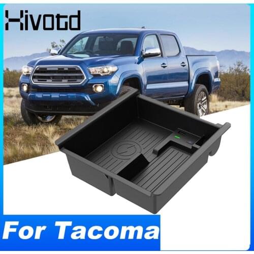Hivotd Car QI Wireless Charger Central Armrest Storage Box Organizer Fast Charging Plate Accessories For Toyota Tacoma 2016-2021