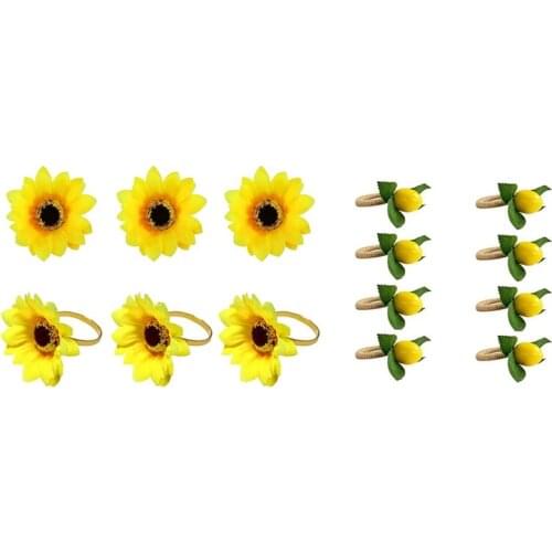 HOT-6Pcs Sunflower Napkin Rings, for Table Parties with 8Pcs Simulation Lemon Plant Napkin Ring Fruit Hotel Napkin Ring
