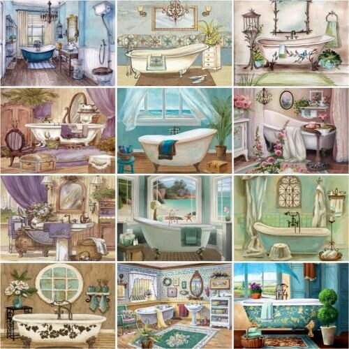 HUACAN Diamond Painting Bathroom Landscape Embroidery Mosaic Bathtub Cross Stitch Wall Decoration Diamond Art