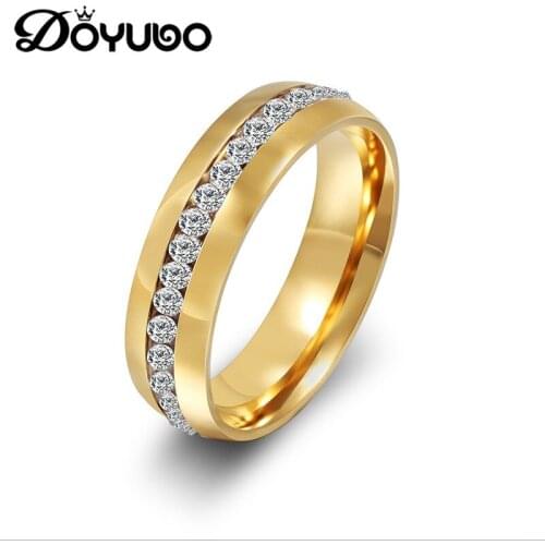 DOYUBO Hot Sale Womens Gold Color 316L Stainless Steel Rings With White Cubic Zircon High Quality Female Rings Jewelry DE002
