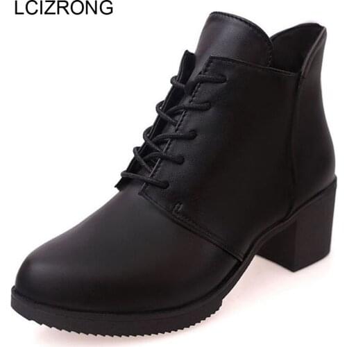LCIZRONG Autumn Fashion 5.5CM High Heel Leather Ankle Boots Women Classic Cross-tied Solid Thick Bottom Square Heel Winter Boots