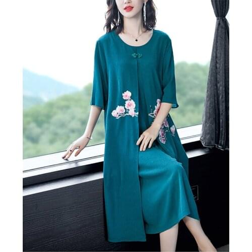 Summer plus size dresses Mid-length fashion high-end foreign solid color folk-custom embroidery fake two-piece vestidos D210