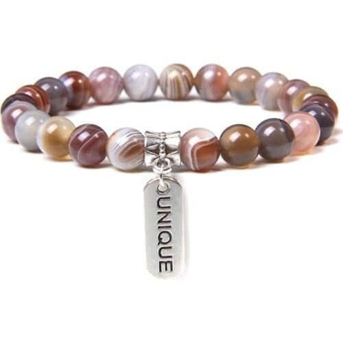 Natural Botswana Agat Bracelets Men Silver Color Letter Unique Charm Bracelet 8 mm Stone Beads Bangle Handmade Elastic Jewelry