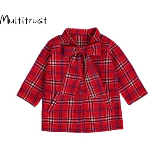 1-6Y Autumn Winter Toddler Girls Red Plaid Bowknot Button Jacket Fashion Kids Girls Outerwear Autumn Teenage Girls Xmas Clothing
