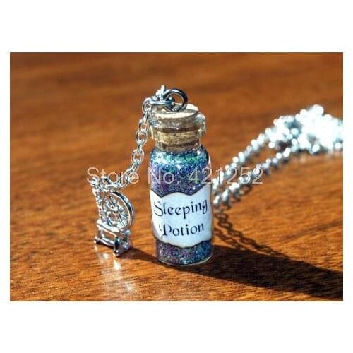 12pcs Sleeping Potion Necklace with Spinning Wheel Charm Sleeping Beauty Evil Fairy Maleficent, Good Fairy Merryweather