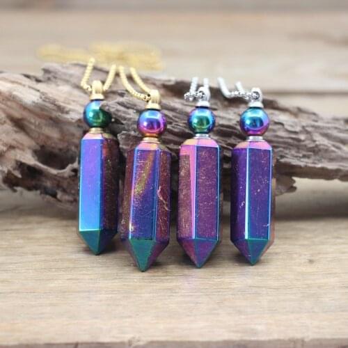 Rainbow Titanium Amethysts Hexagonal Point Essential Oil Vial Pendant Necklaces Healing Crystal Perfume Bottle Charms QC1071