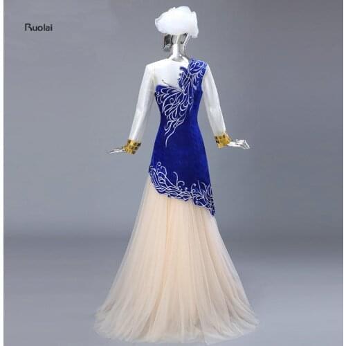 Real Picture Royal Blue Muslim Evening Dress A line Beading Gold Sequined Embroidery Tulle Arabic Prom Dress Dubai Kaftan 2017