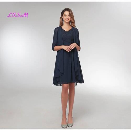 Knee Length Chiffon Beaded Bodice Mother of the Bride Dress with Jacket V Neck Lace Appliques Dinner Dresses for Women