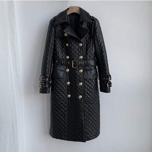 Chic womens Winter sheepskin Real leather Trench coat High quality Genuine leather double-breasted overcoat C778