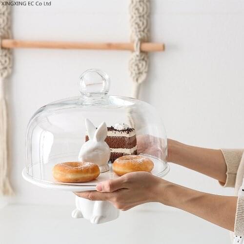 Nordic Cute Rabbit Fruit Plate Glass Cover Cake Tray Zero Household Tableware White Ceramic Plate Wedding Dessert Storage Tray