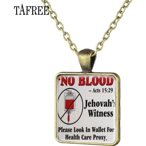 TAFREE Vintage Jehovahs Witnesses No BLOOD Square Necklace Pendant JW.ORG Pendant Necklace Bronze chain women Jewelry QF90