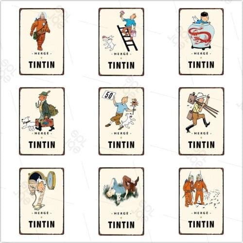 TinTin Anime Metal Sign Funny Wall Sticker Cartoon Adventures of Tintin Metal Plaque Childrens Room Tin Plate Home Decoration