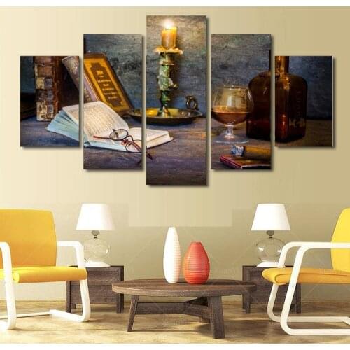Traditional 5 Panels Of Old Books And Candle On The Corner Oil Painting For Office Decoration No Frame Free Shipping
