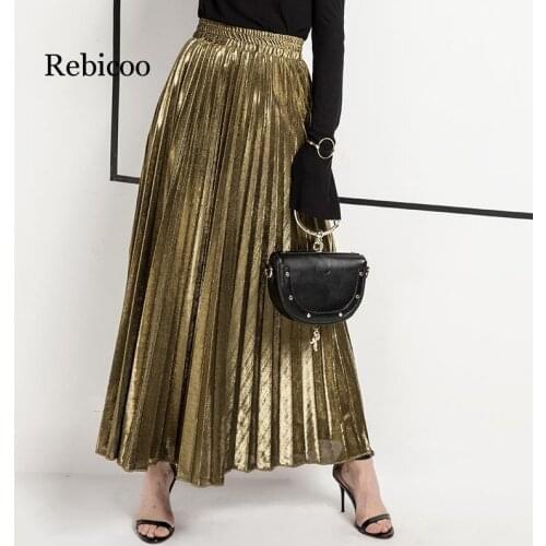 Spring New Arrival Metalic Shining Midi Skirt Elastic Waist Pleated Skirt Big Swing Faldas Largas Elegantes Fast Shipping