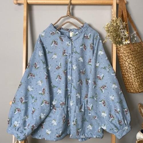 Mori Girl Floral Print Lantern Long Sleeve Cotton Linen V-Neck Women Blouse Women Autumn