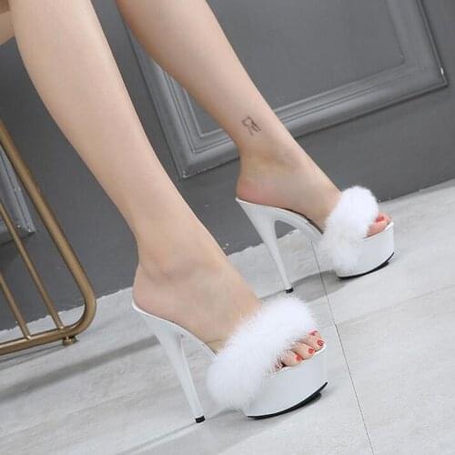 Dwayne Rabbit Fur High Heels Slippers Women Sexy 4.5CM Waterproof Platform 15CM Super High Heel Sandals Female Summer Fur Slides