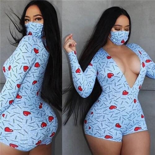 Autumn Womens V Neck Long Sleeve Bodycon Love Heart Print Button Sexy Casual Jumpsuit Shorts Romper Face Cover Bodysuit 2021
