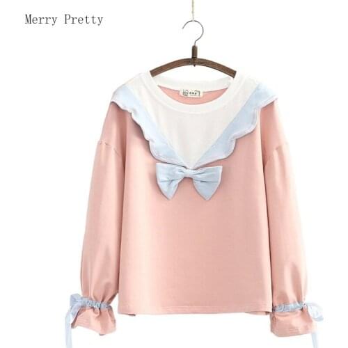 Women Sweatshirt Ruffles Patchwork Bow Hoodies 2020 Autumn Winter New Petal Sleeve O-neck Harakuju Tracksuits Korean Pullover