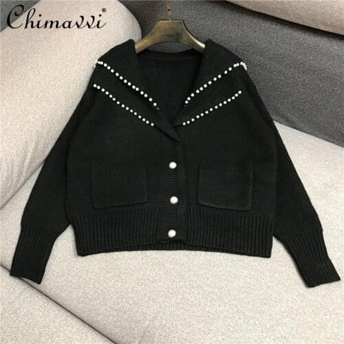 Retro Japanese Beaded Large Lapel Sweater Coat for Women 2021 Autumn Loose Outerwear Navy Style Knitted Cardigan Long Sleeve Top