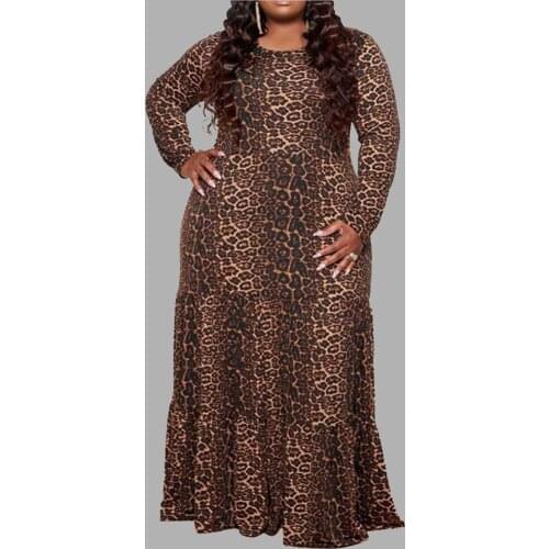 Fall Maxi Dresses for Women Long Sleeves High Waisted Crew Neck Loose Leopard Dress Vintage Plus Size Wholesale Dropshipping