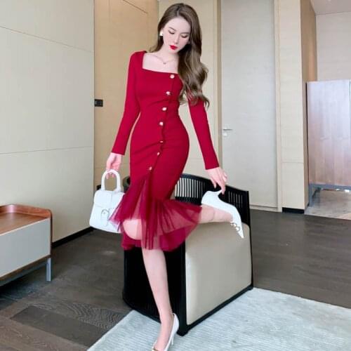 2021 Spring Winter Casual Elegant Dress Women Long Sleeve Mesh Patchwork Singer Breasted Sexy Dress Woman Sheer Dress Elegant
