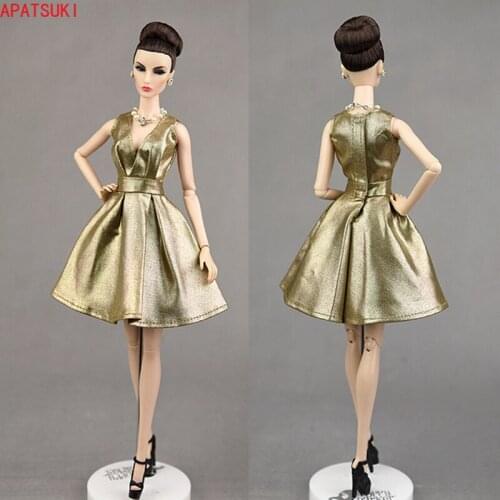 Golden Classical Leather Doll Dress For Barbie Doll Outfits Clothes Party Gown For Barbie Dollhouse 1/6 Dolls Accessories Toy