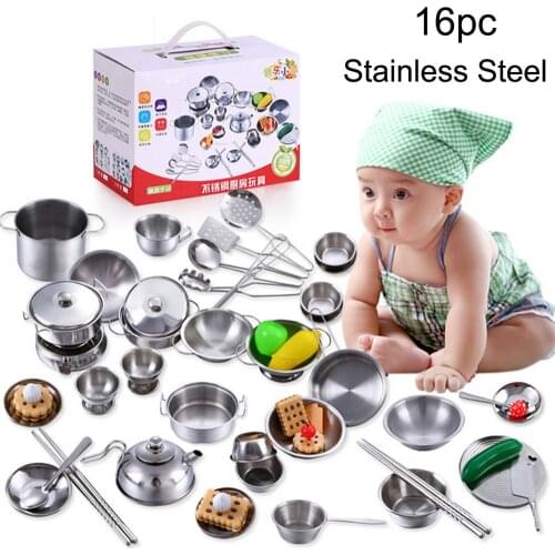 16 Pcs/Set Kids Play House Kitchen Pretend Cook Play Toys Stainless Steel Cooking Cookware Cooking Utensils Pots Pans Gift