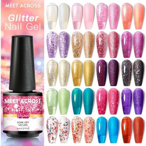 MEET ACROSS 6ML Nail Gel Polish Glitter Rose Gold Nail Gel Semi Permanent Nail Art For Manicure Soak Off UV Gels Base Top Varnis