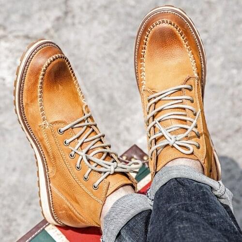 Autumn Winter British Mens Lace Up Round Toe Ankle Boots High Quality Real Leather Cowhide Fashion Male Cargo Shoes Streetwear