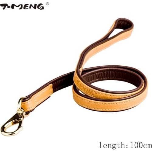 T-MENG Brand High Quality Genuine Leather Dog Leash Length 100cm For Medium Large Dogs Double Color Luxury Soft Training Leads