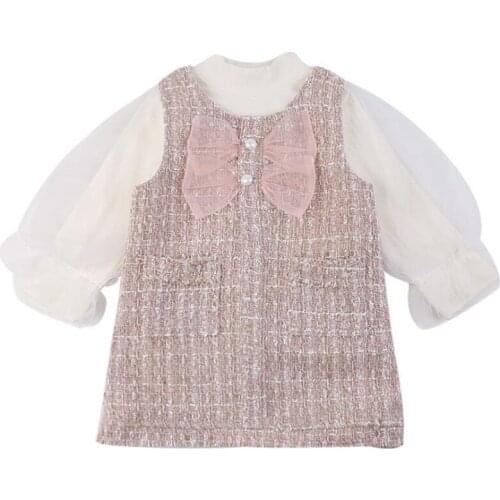 DFXD Kids Fashion Winter 2PC Girls Clothing Sets Puff Sleeve Plus Velvet Bottoming Shirt Bow Plaid Vest Dress Princess Outfits