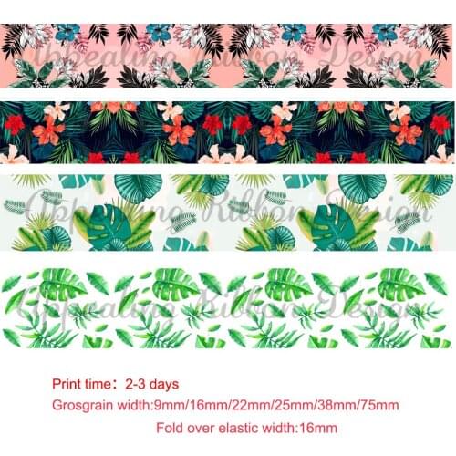Custom leaves&flowers printed grosgrain foe elastic ribbon Christmas wedding decoration DIY bows materails ribbons 50 yards